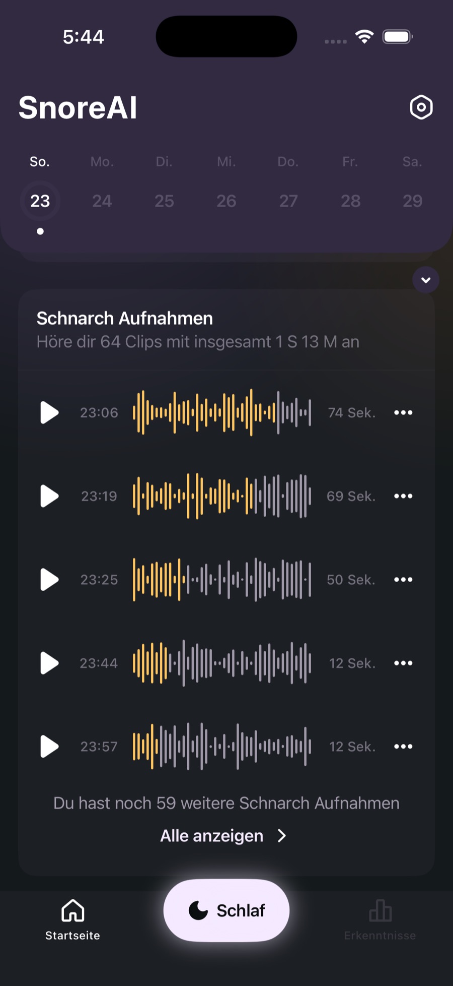 SnoreAI-Journal mit den Schnarchaufnahmen der Nacht