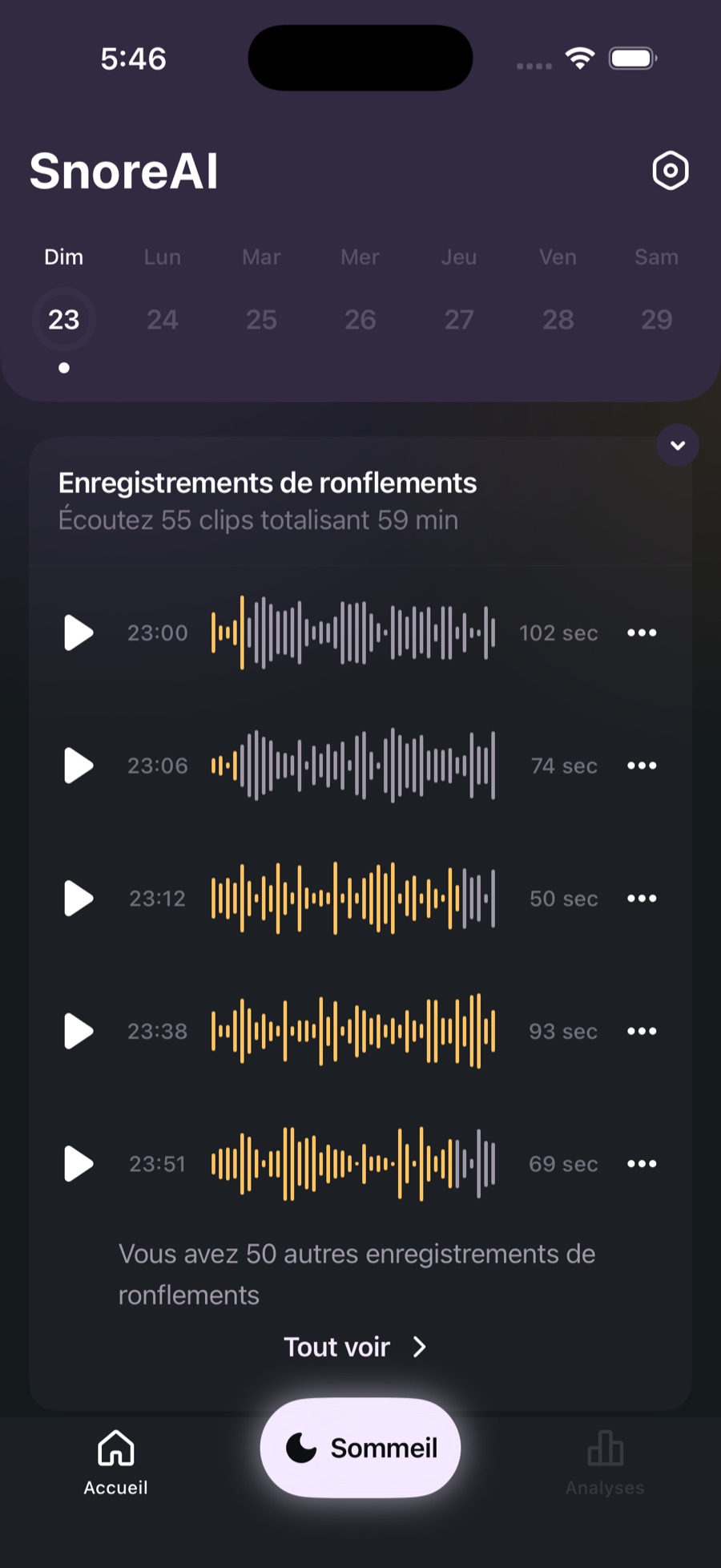 Écran journal de SnoreAI avec les enregistrements de ronflements de la nuit