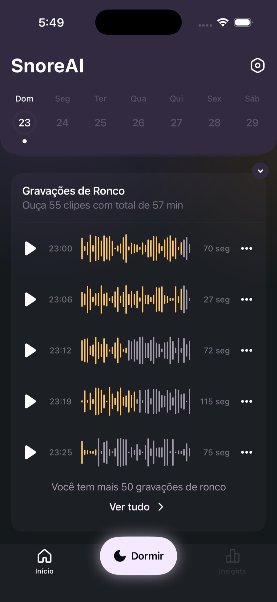 Tela do diário do SnoreAI com as gravações de ronco da noite