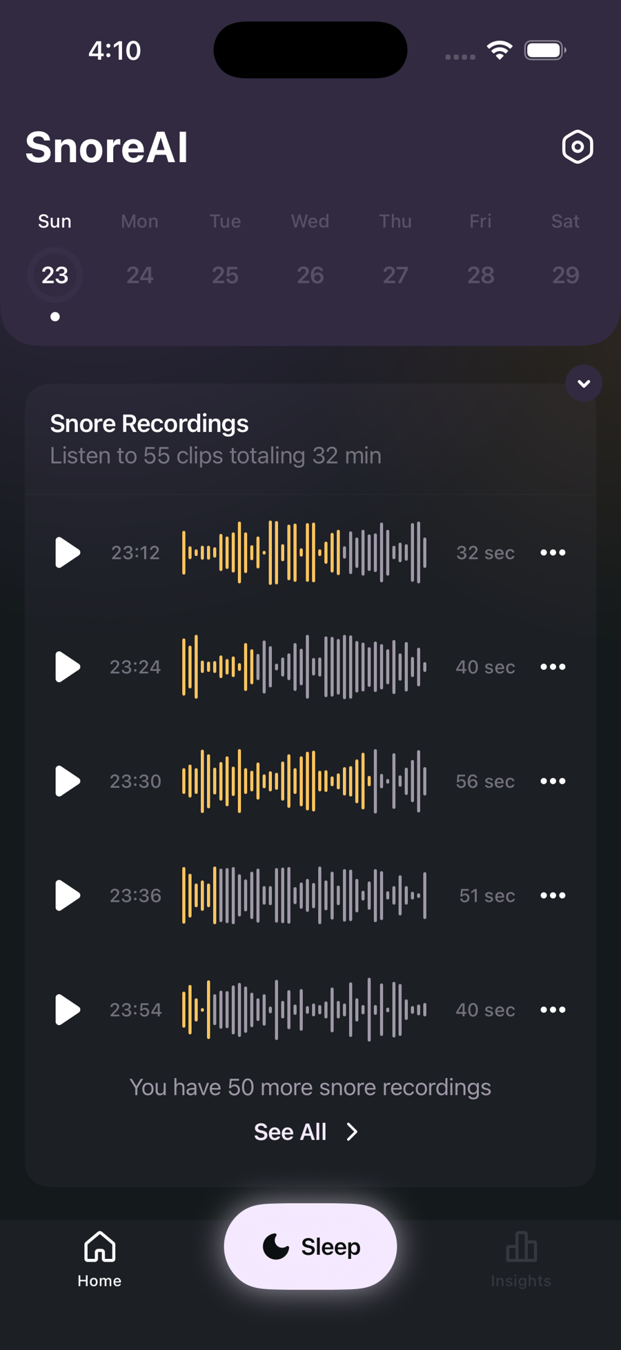 SnoreAI journal screen with the night's snore recordings